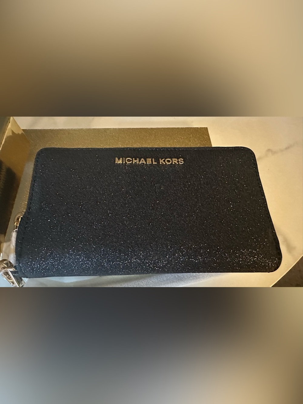 Michael Kors Black Glitter Zip Around Wallet/ Phone Case NIB